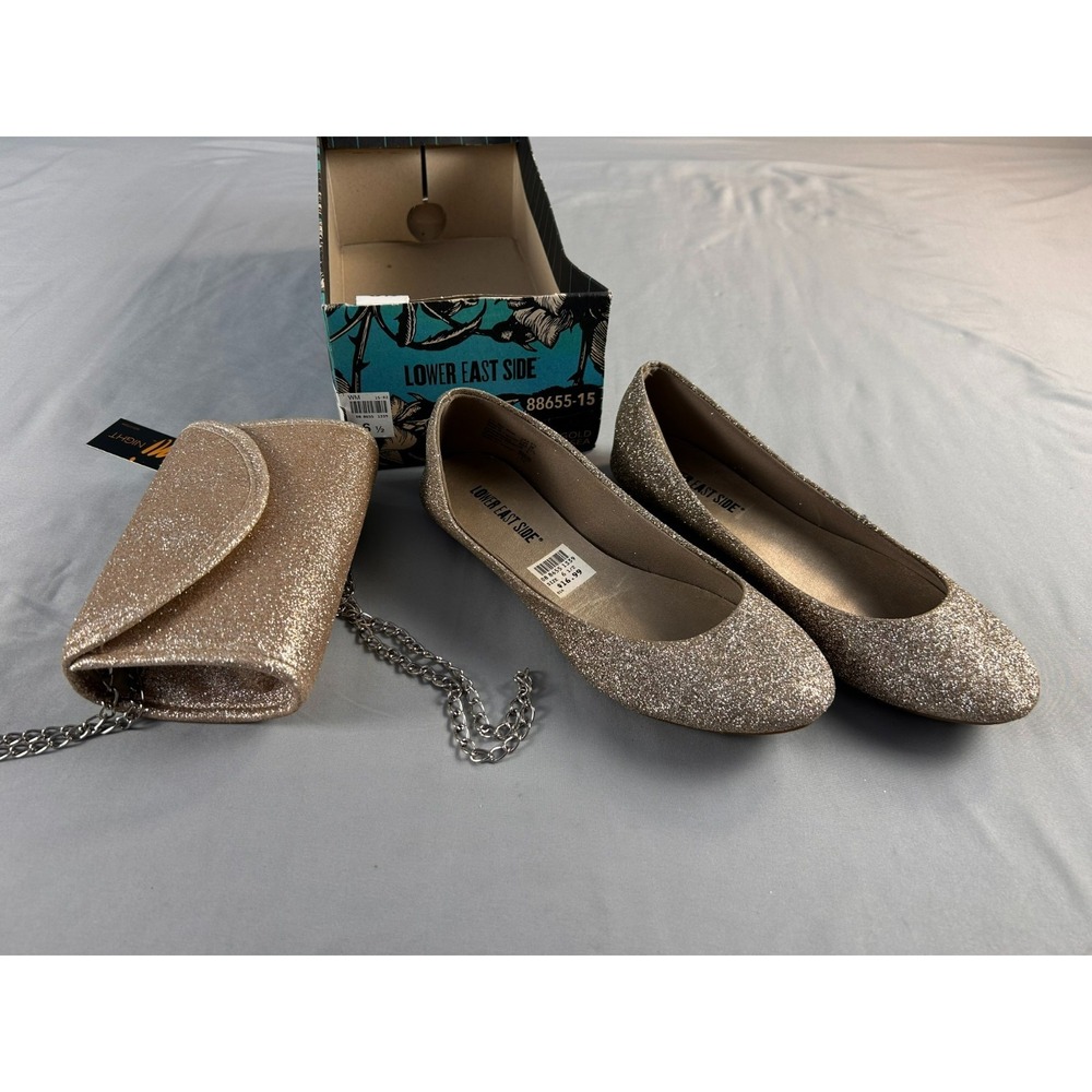 Lower East Side Gold Glitter Flats Sz 6.5 & Clutch Bag Set Evening Party Bundle